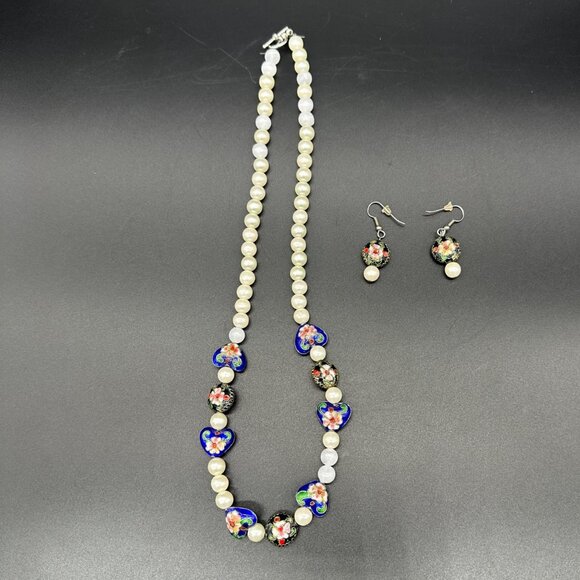 Vintage Cloisonne Floral Faux Pearl Necklace Earrings Set Heart Beads Blue Black - Picture 2 of 9
